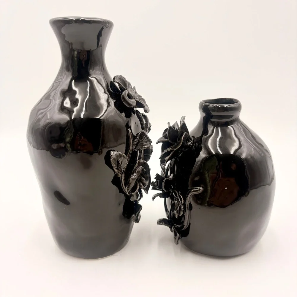 Potters Studio Halloween Black Ceramic Floral Bud Vase Set 2 Piece 3D Rose Decor